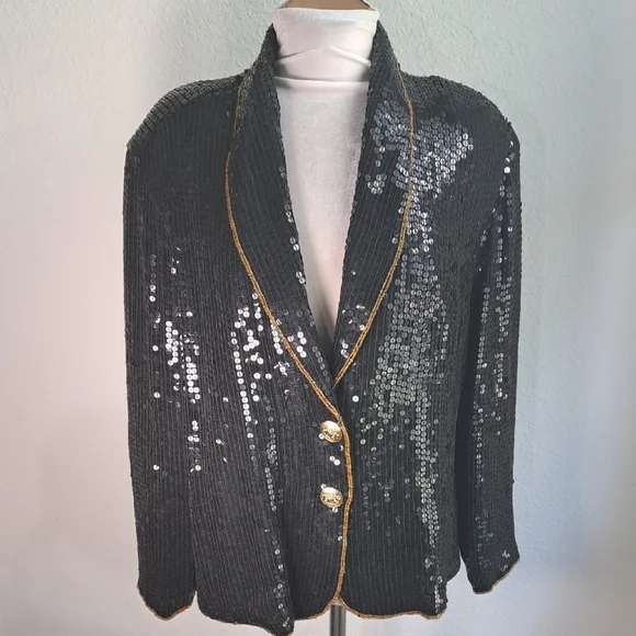 Ivana Trump Vintage Black Sequin Jacket Blazer Size XL Gold Trim Evening Bling - Picture 1 of 14
